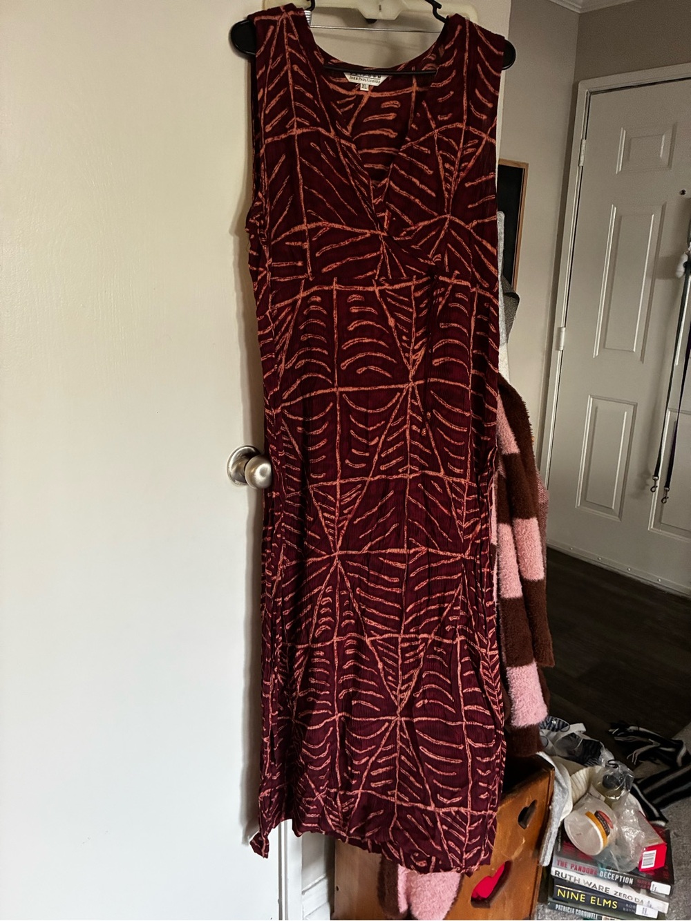JohnPaulRichard Burgundy and Rust Sleeveless Patterned Maxi Dress Made in USA
